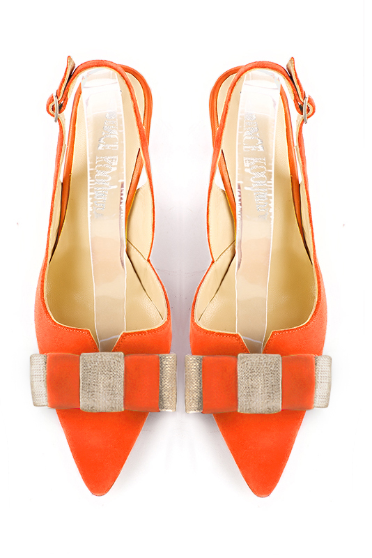 Clementine orange and gold women's open back shoes, with a knot. Tapered toe. Very high spool heels. Top view - Florence KOOIJMAN